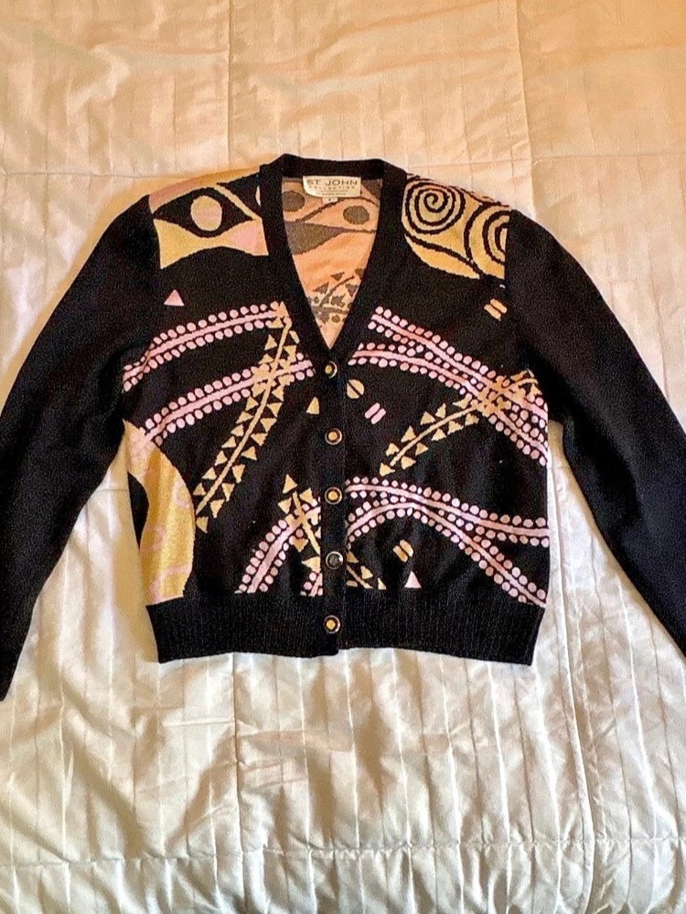 VINTAGE St. John Collection Women's Geometric Cardigan Black & Gold Size P